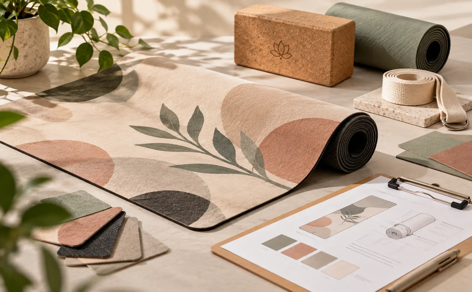 Custom suede yoga mat sample with color swatches, packaging references and design sheet for private label development