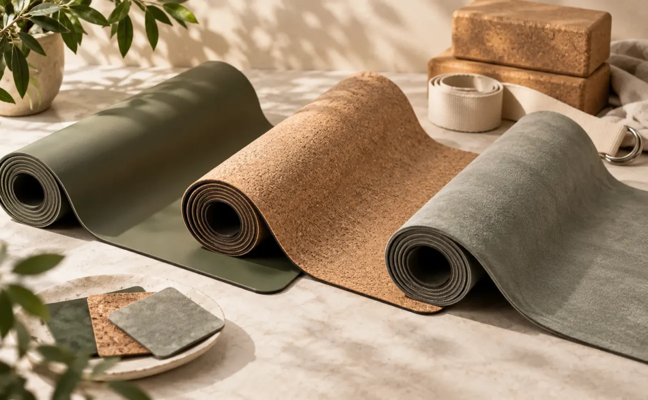 PU, cork and microfiber suede yoga mats displayed side by side