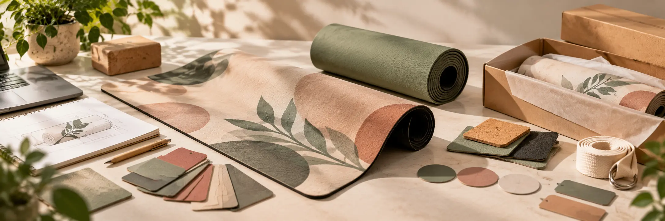 oga mat sample with material swatches, artwork references and packaging prepared for private label development