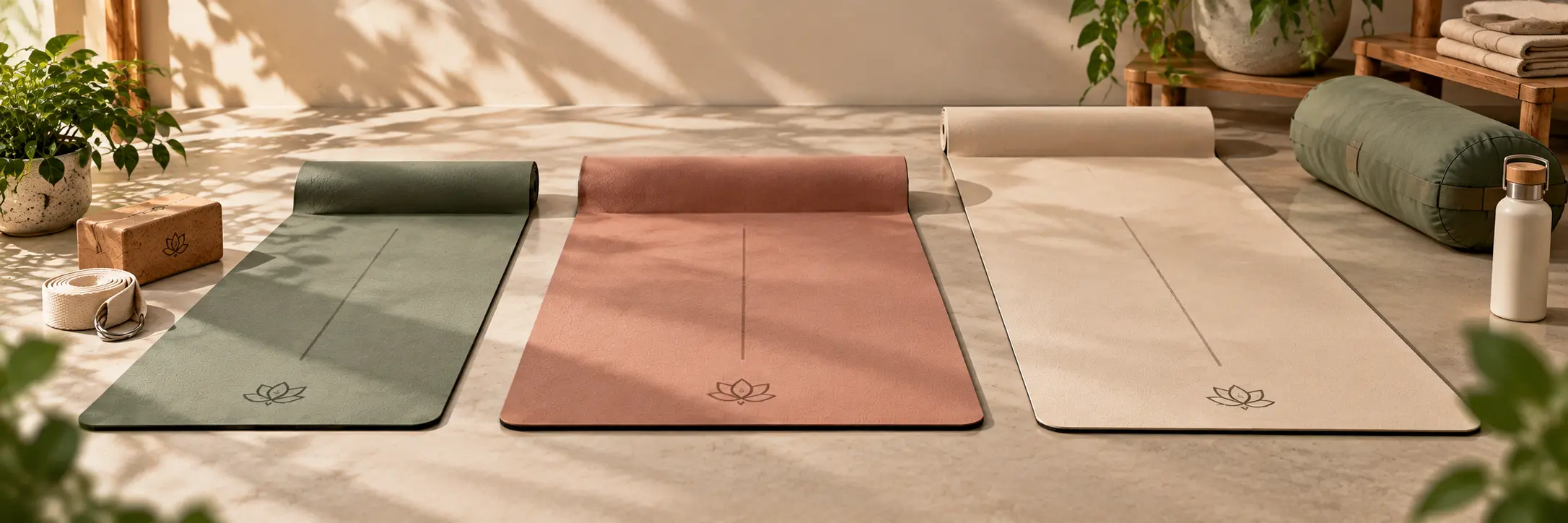 Standard, wide and extra-long yoga mats laid side by side to compare dimensions and practice space