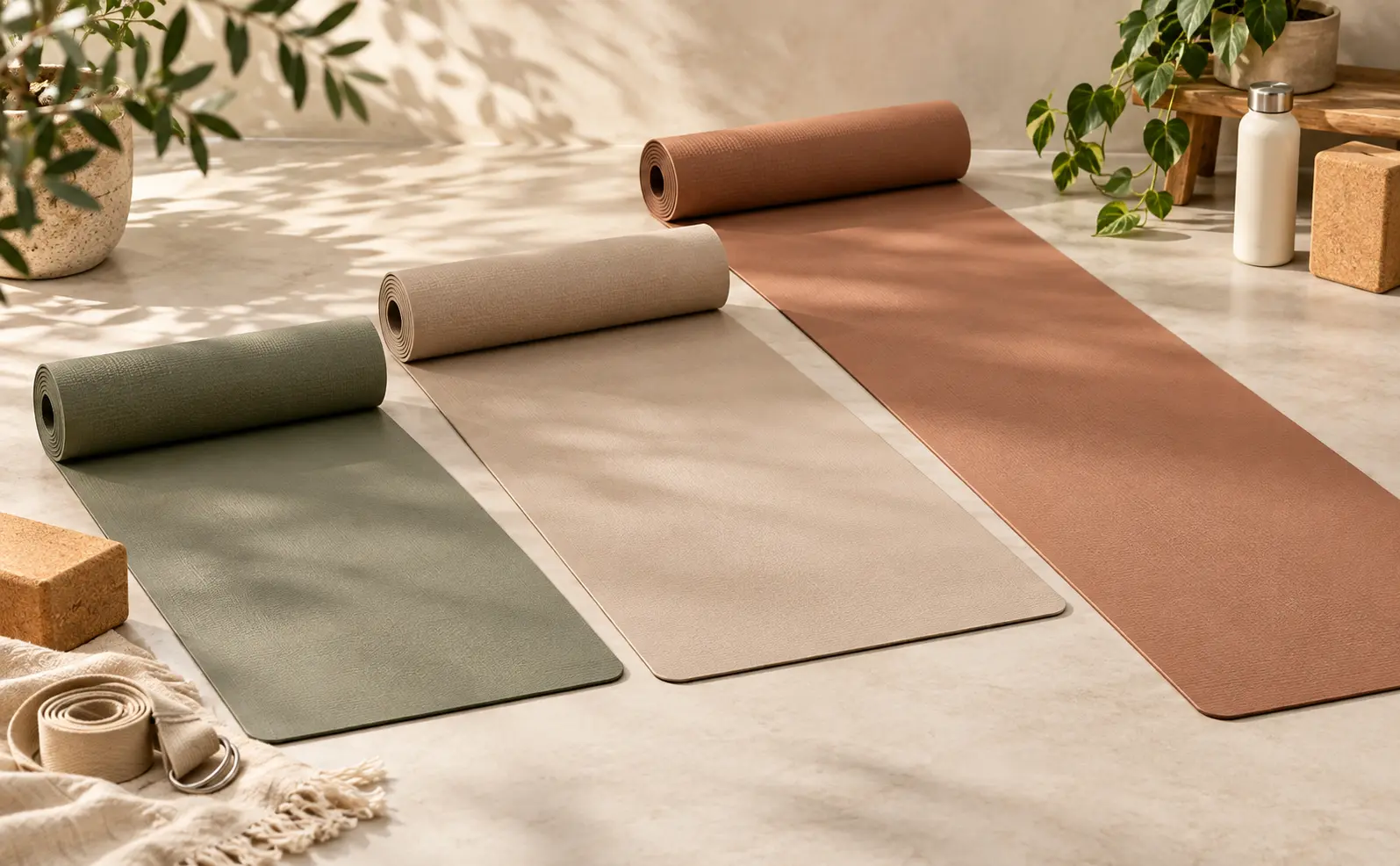 Standard, wide and extra-long yoga mats arranged in a warm studio setting for size comparison
